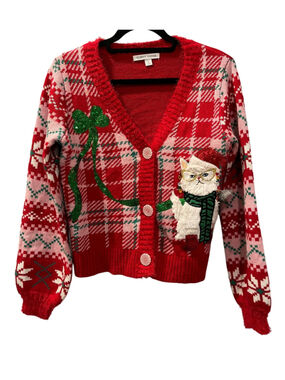 Celebrate Together Cat Ugly Christmas Cardigan Sweater Red Plaid Sequin Sz Small